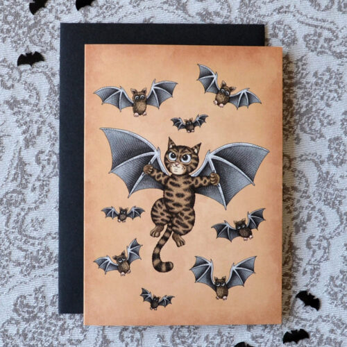 Bat Cat Card Halloween Invitiation Baby Bat Card Gift for Bat Lovers Gothic Birthday Card Cute Cat Card Gothic Home Decor Tabby Cat