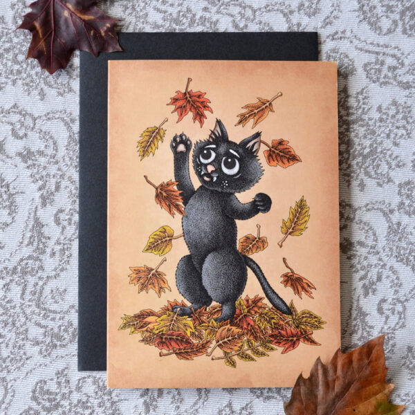 Autumn Cat Card Black Cat Card Autumn Birthday Card Happy Halloween Fall Decoration Colorful Leaves Gothic Greeting Card Creepy Cute