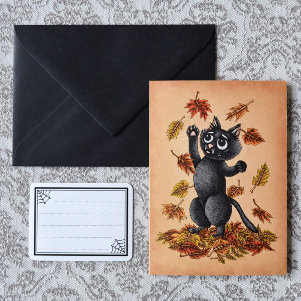 Autumn Cat Card Black Cat Card Autumn Birthday Card Happy Halloween Fall Decoration Colorful Leaves Gothic Greeting Card Creepy Cute