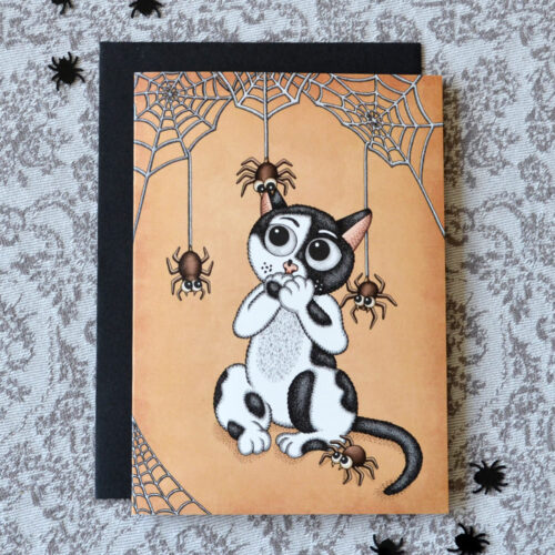 Scared Of Spiders Cat Card Halloween Invitation Gothic Birthday Card Creepy Cute Gift For Spider Lovers Black White Cat Macabre Humor