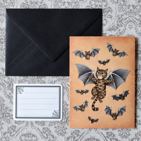 Bat Cat Card Halloween Invitiation Baby Bat Card Gift for Bat Lovers Gothic Birthday Card Cute Cat Card Gothic Home Decor Tabby Cat