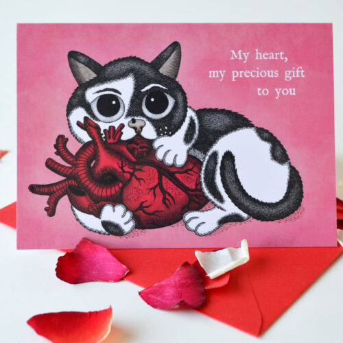 Gothic Valentines Card with Cat Beebiepoes Anatomical Heart Kawaii Cat Happy Anniversary Dark Romantic Creepy Cute Macabre Humor