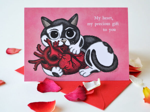 Gothic Valentines Card with Cat Beebiepoes Anatomical Heart Kawaii Cat Happy Anniversary Dark Romantic Creepy Cute Macabre Humor