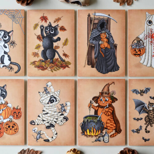 Halloween Wenskaarten Set x 8 Creepy Cute Greeting Cards Herfst Katten Postkaarten Gothic Kat Cadeau Kaart Griezelige Poezen Illustraties