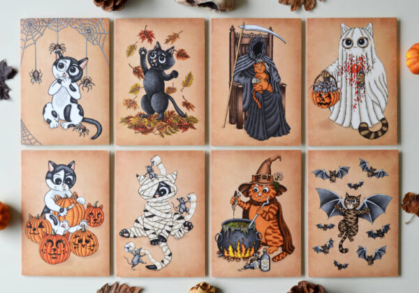 Halloween Wenskaarten Set x 8 Creepy Cute Greeting Cards Herfst Katten Postkaarten Gothic Kat Cadeau Kaart Griezelige Poezen Illustraties