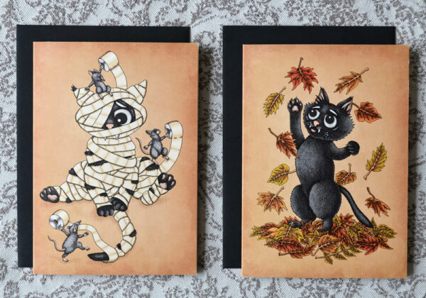 Halloween Wenskaarten Set x 8 Creepy Cute Greeting Cards Herfst Katten Postkaarten Gothic Kat Cadeau Kaart Griezelige Poezen Illustraties