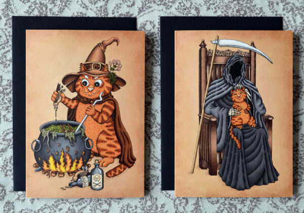 Halloween Wenskaarten Set x 8 Creepy Cute Greeting Cards Herfst Katten Postkaarten Gothic Kat Cadeau Kaart Griezelige Poezen Illustraties