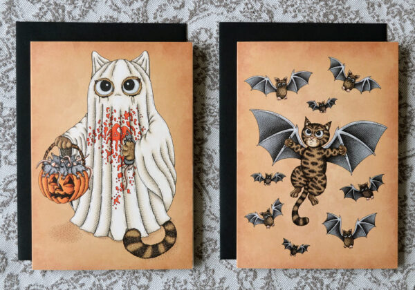 Halloween Wenskaarten Set x 8 Creepy Cute Greeting Cards Herfst Katten Postkaarten Gothic Kat Cadeau Kaart Griezelige Poezen Illustraties