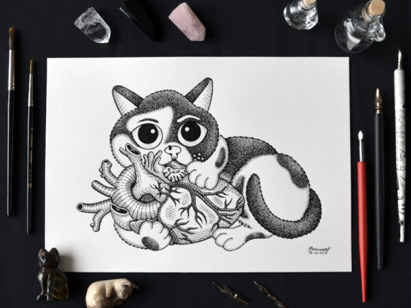 Small Cat's Big Heart Drawing Original Art Anatomical Human Heart Creepy Cute Cat Illustration Gothic Home Decor Dark Romantic Gift