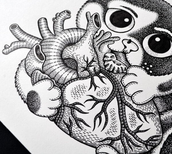 Small Cat's Big Heart Drawing Original Art Anatomical Human Heart Creepy Cute Cat Illustration Gothic Home Decor Dark Romantic Gift