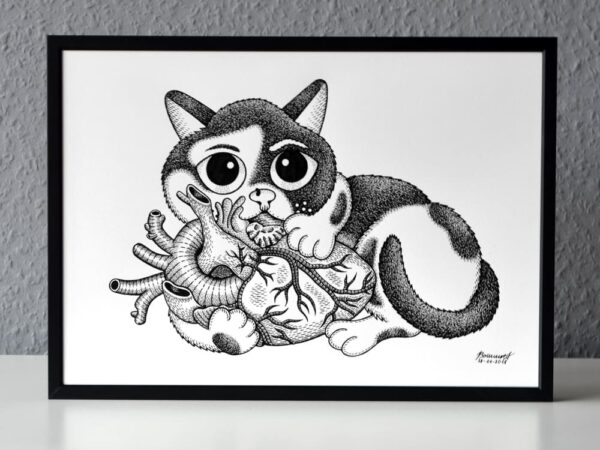 Small Cat's Big Heart Drawing Original Art Anatomical Human Heart Creepy Cute Cat Illustration Gothic Home Decor Dark Romantic Gift