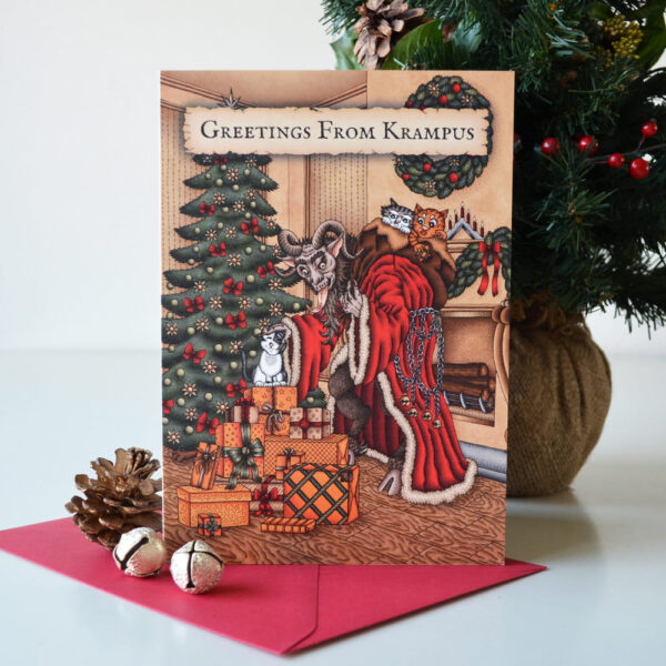 Krampus Christmas Card with Ginger Cat Claudius & Beebie Greetings From Krampus Folklore Gothic Xmas Yule Card Creepy Cute Cat Card