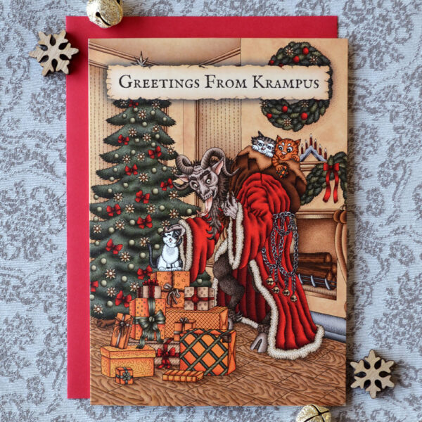 Krampus Christmas Card with Ginger Cat Claudius & Beebie Greetings From Krampus Folklore Gothic Xmas Yule Card Creepy Cute Cat Card