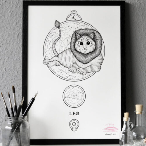 Zodiac Sign Leo Drawing Original Art Ginger Cat Lion Cat Art, Leo Star Sign Cat Home Decor Astrology Horoscop Feline Illustration