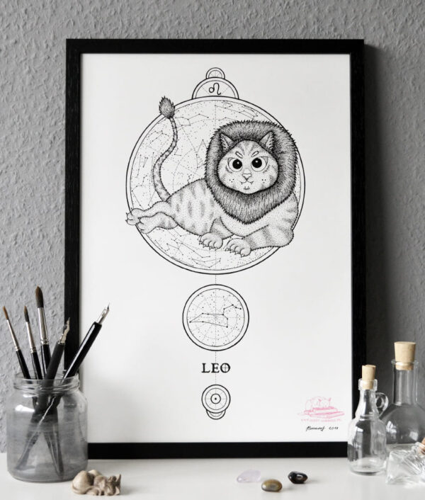 Zodiac Sign Leo Drawing Original Art Ginger Cat Lion Cat Art, Leo Star Sign Cat Home Decor Astrology Horoscop Feline Illustration