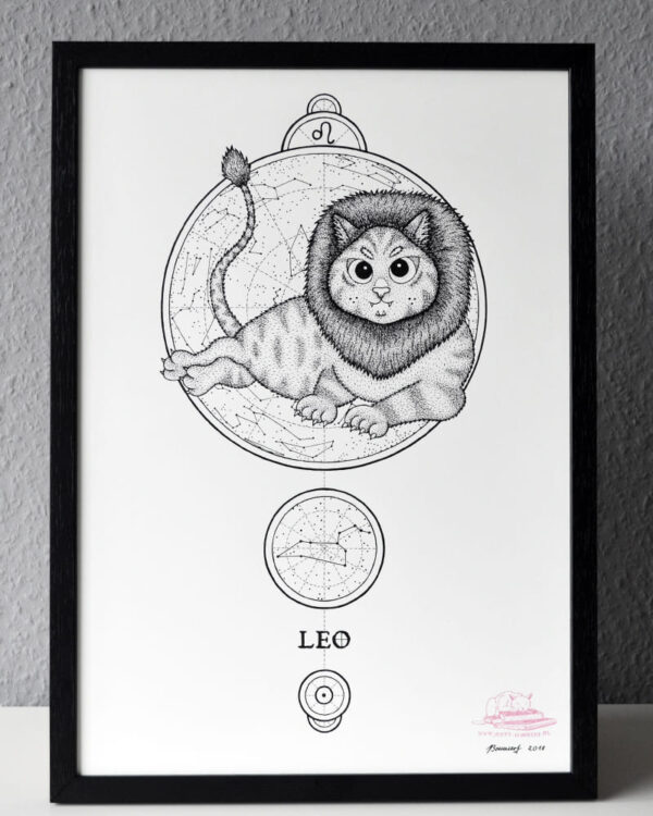 Zodiac Sign Leo Drawing Original Art Ginger Cat Lion Cat Art, Leo Star Sign Cat Home Decor Astrology Horoscop Feline Illustration