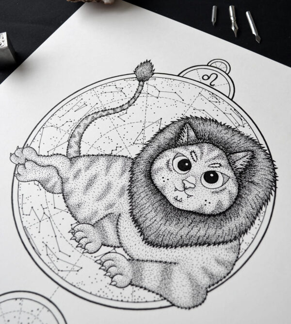 Zodiac Sign Leo Drawing Original Art Ginger Cat Lion Cat Art, Leo Star Sign Cat Home Decor Astrology Horoscop Feline Illustration