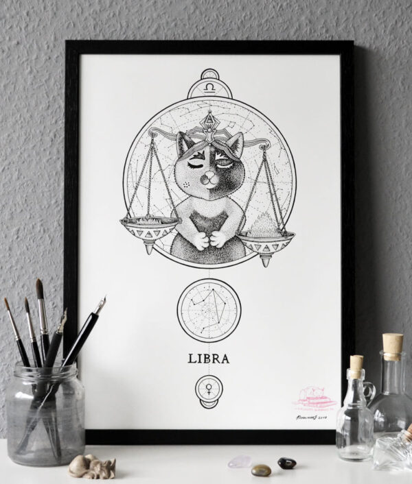 Zodiac Sign Libra Drawing Original Art Tortoiseshell Cat Libra Star Sign Cat Home Decor Astrology Horoscop Feline Illustration Scale