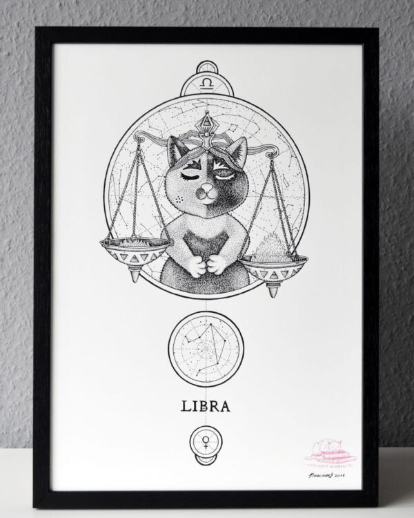 Zodiac Sign Libra Drawing Original Art Tortoiseshell Cat Libra Star Sign Cat Home Decor Astrology Horoscop Feline Illustration Scale