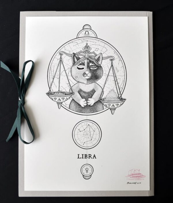 Zodiac Sign Libra Drawing Original Art Tortoiseshell Cat Libra Star Sign Cat Home Decor Astrology Horoscop Feline Illustration Scale