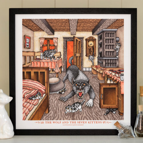 Wolf And The Seven Kittens Art Print Fairy Tale Illustration Wolf Art Old Cottage Rustic Farm House Grimm Brothers Cute Nursery Decor