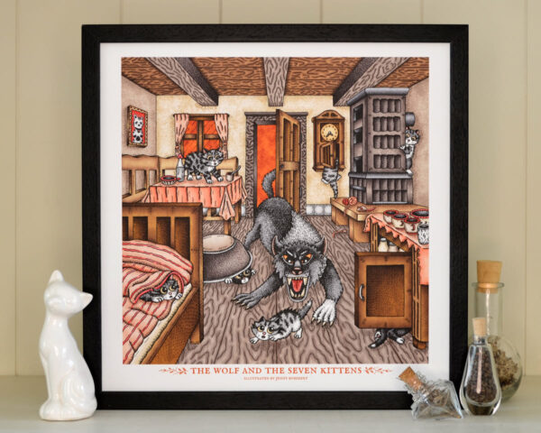 Wolf And The Seven Kittens Art Print Fairy Tale Illustration Wolf Art Old Cottage Rustic Farm House Grimm Brothers Cute Nursery Decor