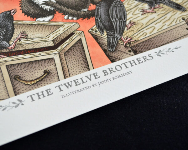 Twelve Brothers Art Print Fairy Tale Illustration Tuxedo Cat Raven Crow Art Wooden Coffin Catacomb Grimm Brothers Gothic Home Decor