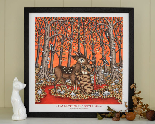 Brother & Sister Art Print Fairy Tale Illustration Deer Art Tabby Cat Woodpecker Autumn Landscape Grimm Brothers Nursery Decor