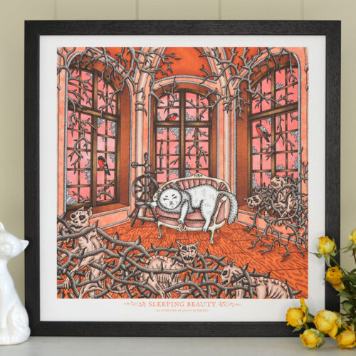 Sleeping Beauty Art Print Fairy Tale Illustration Creepy Cute Art Turkish Angora Cat Art Nouveau Grimm Brothers Gothic Decor Mummy