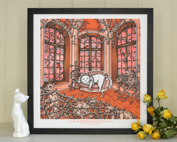 Sleeping Beauty Art Print Fairy Tale Illustration Creepy Cute Art Turkish Angora Cat Art Nouveau Grimm Brothers Gothic Decor Mummy