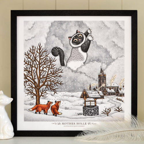 Mother Holle Art Print Fairy Tale Illustration Fox Art Birman Cat Mother Nature Winter Landscape Grimm Brothers Cute Nursery Decor