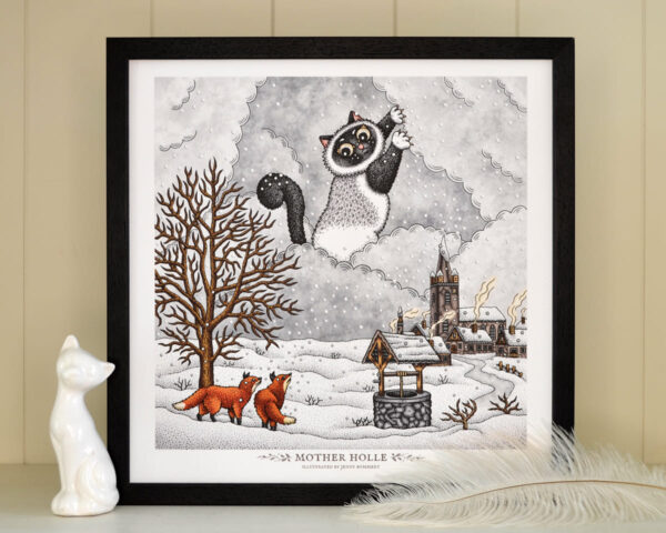 Mother Holle Art Print Fairy Tale Illustration Fox Art Birman Cat Mother Nature Winter Landscape Grimm Brothers Cute Nursery Decor