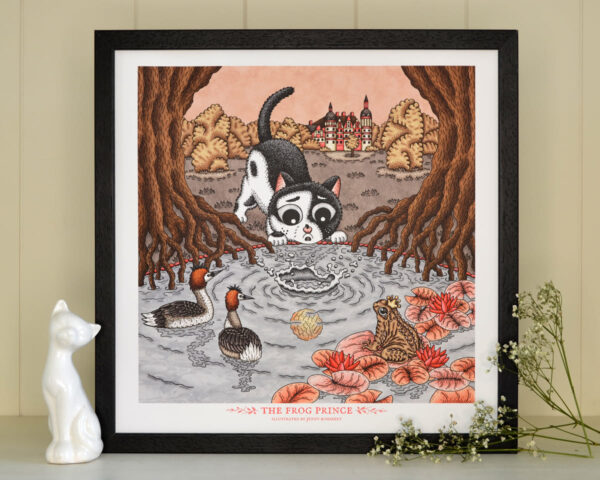 Frog Prince Art Print Fairy Tale Illustration, Cute Animal Art Black White Cat English Garden Grimm Brothers Nursery Decor Fantasy