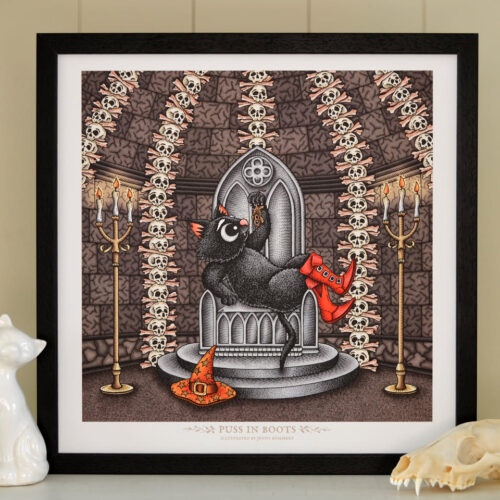 Puss In Boots Art Print Fairy Tale Illustration Black Cat Wizard Hat Dark Castle Throne Room Grimm Brothers Gothic Home Decor Skull