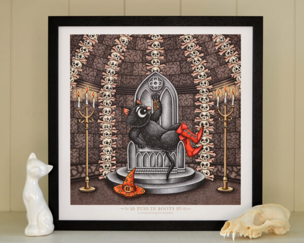 Puss In Boots Art Print Fairy Tale Illustration Black Cat Wizard Hat Dark Castle Throne Room Grimm Brothers Gothic Home Decor Skull