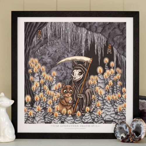 Godfather Death Art Print Fairy Tale Illustration Cute Bats Dark Art Skeleton Cat Stalactite Cave Grimm Brothers Gothic Home Decor