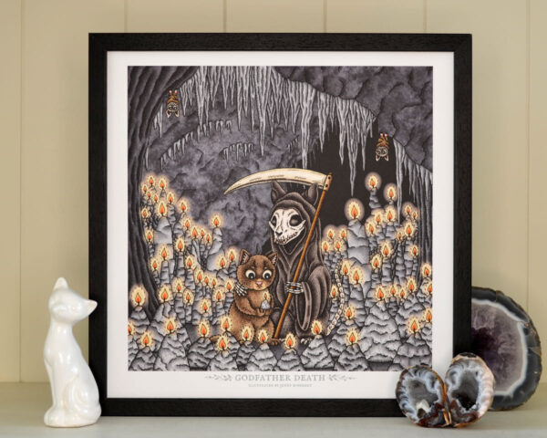 Godfather Death Art Print Fairy Tale Illustration Cute Bats Dark Art Skeleton Cat Stalactite Cave Grimm Brothers Gothic Home Decor