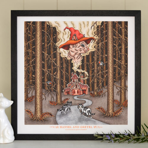 Hansel and Gretel Art Print Fairy Tale Illustration Sphynx Cat Gingerbread House Witch Art, Dark Forest Grimm Brothers Nursery Decor