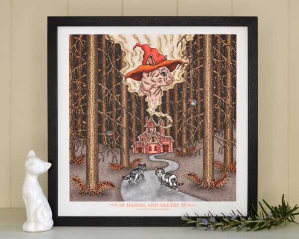 Hansel and Gretel Art Print Fairy Tale Illustration Sphynx Cat Gingerbread House Witch Art, Dark Forest Grimm Brothers Nursery Decor