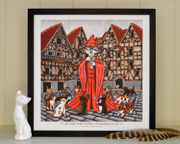 Pied Piper of Hamelin Art Print Fairy Tale Illustration Tabby Cat Medieval Town German Timber Framing Grimm Brothers Nursery Decor