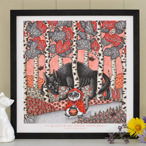 Little Red Riding Hood Art Print Fairy Tale Illustration Black Wolf Art Ragdoll Cat Flower Birch Forest Grimm Brothers Nursery Decor