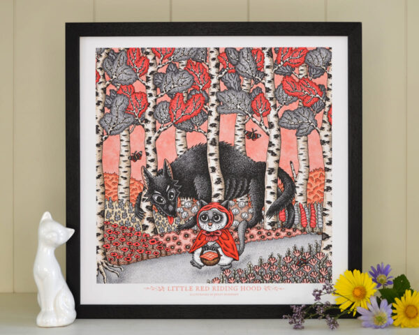 Little Red Riding Hood Art Print Fairy Tale Illustration Black Wolf Art Ragdoll Cat Flower Birch Forest Grimm Brothers Nursery Decor