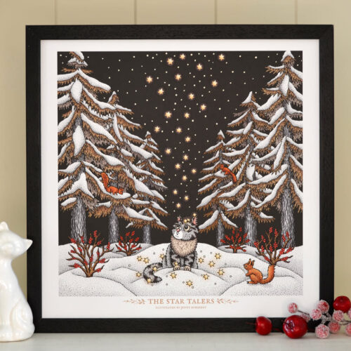 Star Talers Art Print Fairy Tale Illustration Squirrel Print Norwegian Forest Cat Winter Landscape Grimm Brothers Cute Nursery Decor