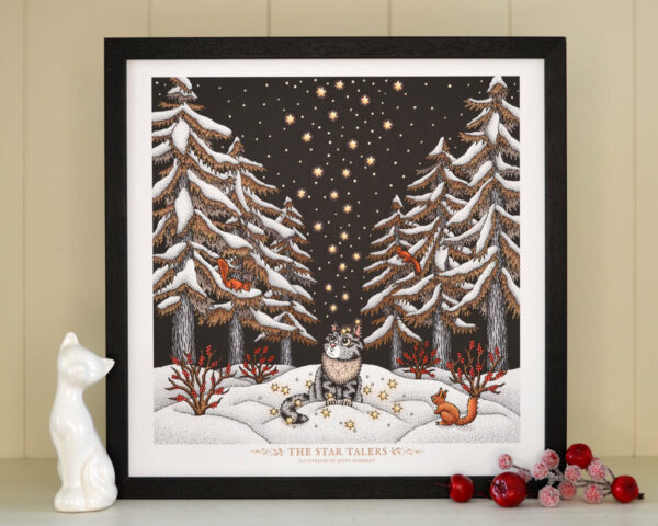 Star Talers Art Print Fairy Tale Illustration Squirrel Print Norwegian Forest Cat Winter Landscape Grimm Brothers Cute Nursery Decor