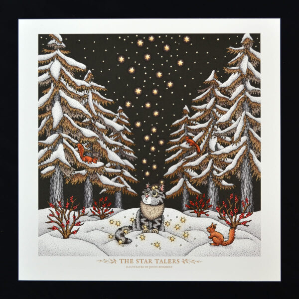 Star Talers Art Print Fairy Tale Illustration Squirrel Print Norwegian Forest Cat Winter Landscape Grimm Brothers Cute Nursery Decor