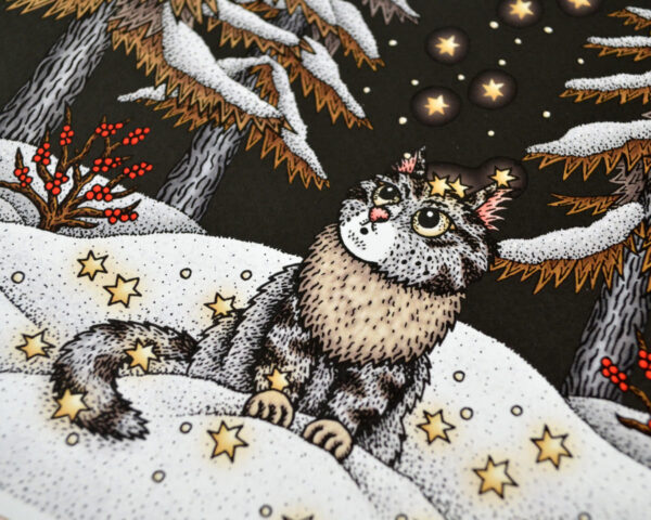 Star Talers Art Print Fairy Tale Illustration Squirrel Print Norwegian Forest Cat Winter Landscape Grimm Brothers Cute Nursery Decor