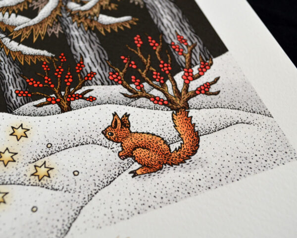 Star Talers Art Print Fairy Tale Illustration Squirrel Print Norwegian Forest Cat Winter Landscape Grimm Brothers Cute Nursery Decor