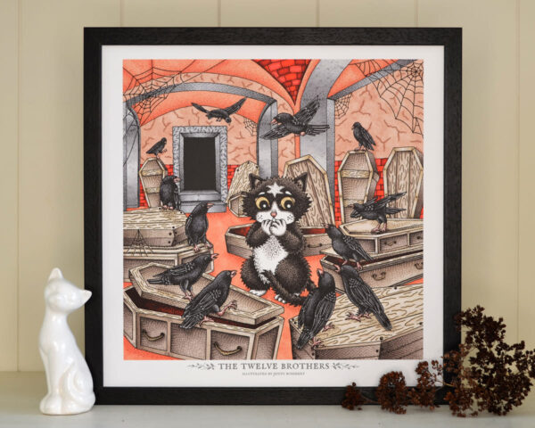 Twelve Brothers Art Print Fairy Tale Illustration Tuxedo Cat Raven Crow Art Wooden Coffin Catacomb Grimm Brothers Gothic Home Decor