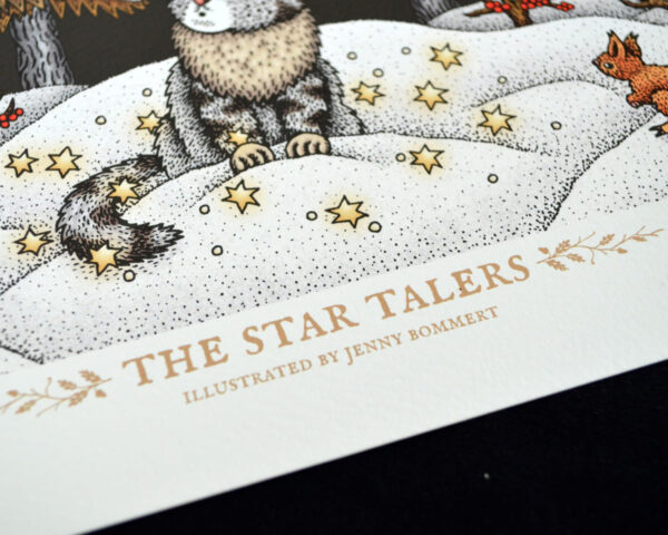 Star Talers Art Print Fairy Tale Illustration Squirrel Print Norwegian Forest Cat Winter Landscape Grimm Brothers Cute Nursery Decor