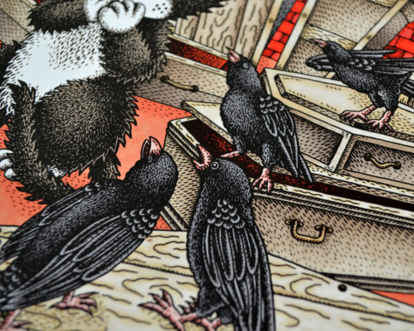 Twelve Brothers Art Print Fairy Tale Illustration Tuxedo Cat Raven Crow Art Wooden Coffin Catacomb Grimm Brothers Gothic Home Decor